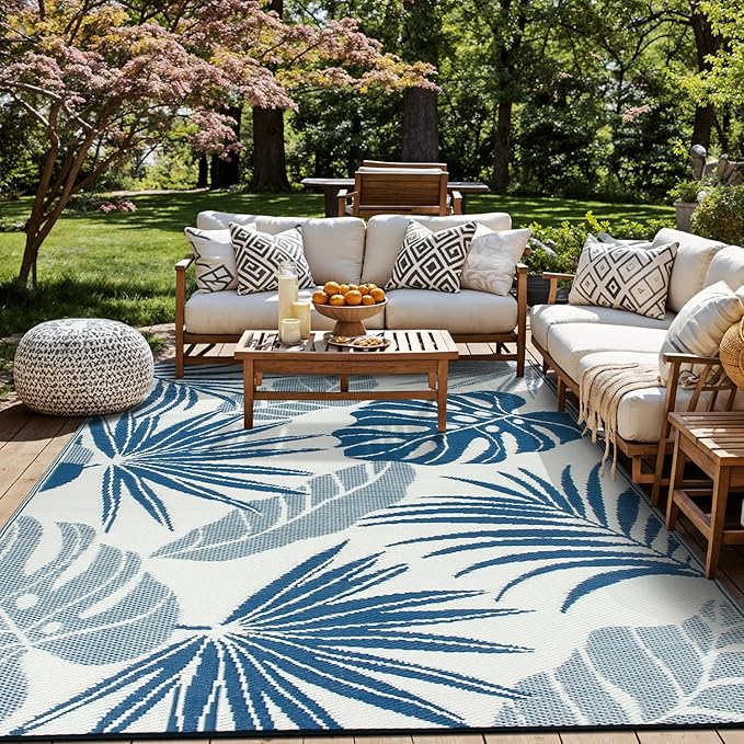 Rugshop Tropical Floral Leaf Reversible Crease-Free Waterproof Premium Recycled Plastic Outdoor Rugs for Patio,Backyard,RV,Deck,Picnic,Trailer,Beach,Camping,Sunroom Navy/Blue 7'10" x 10'
