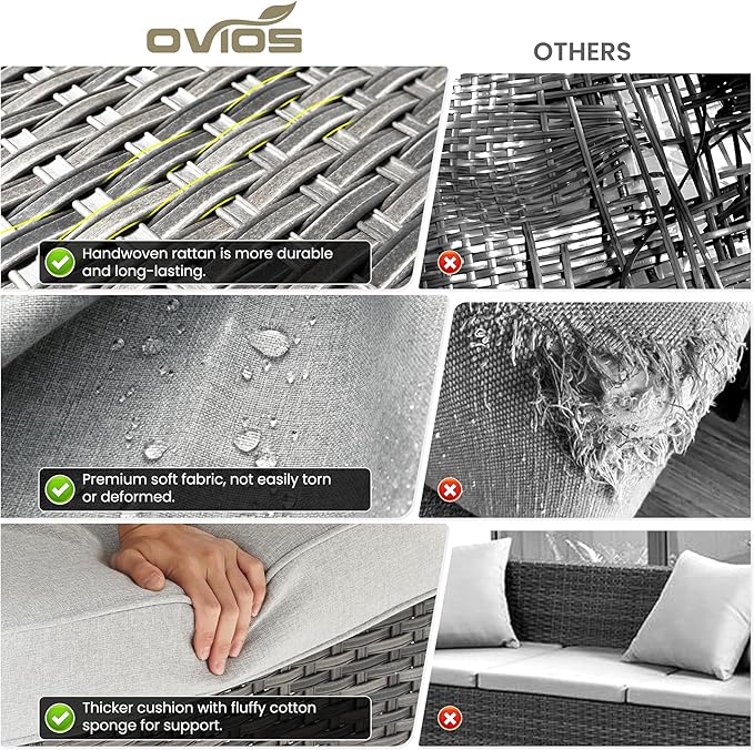 ovios 8 Pieces Patio Furniture Set, Outdoor Wicker Sofa Couch with Swivel Chairs 42" Fire Pit Table, All Weather High Back Modern Conversation Sets, Grey Rattan, Grey