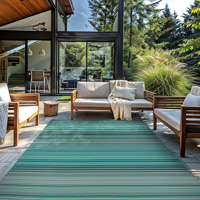 Rugshop Contemporary Stripe Reversible Crease-Free Waterproof Premium Recycled Plastic Outdoor Rugs for Patio,Backyard,RV,Deck,Picnic,Trailer,Beach,Camping Blue 7'10" x 10'