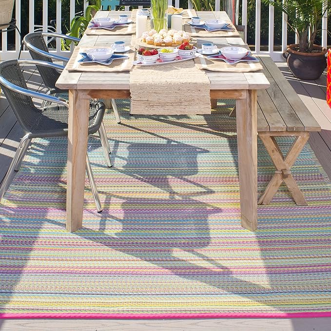 Fab Habitat Outdoor Rug - Waterproof, Fade Resistant, Crease-Free - Premium Recycled Plastic - Striped - Large Patio, Deck, Sunroom, Camping, RV - Cancun - Candy - 6 x 9 ft