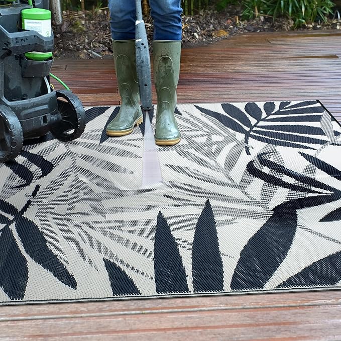 Rugshop Contemporary Floral Leaves Reversible Crease-Free Waterproof Premium Recycled Plastic Outdoor Rugs for Patio,Backyard,RV,Deck,Picnic,Trailer,Beach,Camping,Sunroom Navy 3' x 5'