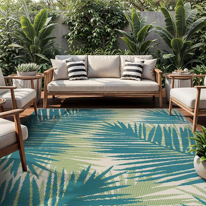 Rugshop Tropical Floral Reversible Foldable Waterproof Premium Recycled Plastic Outdoor Rugs for Patio,Backyard,RV,Deck,Picnic,Trailer,Beach,Camping Rug 9' X 18' Green