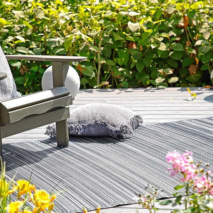 Fab Habitat Outdoor Rug - Waterproof, Fade Resistant, Crease-Free - Premium Recycled Plastic - Striped - Patio, Porch, Deck, Balcony - Cancun - Midnight - 5 x 8 ft