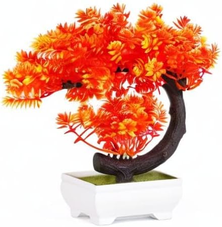 Artificial Bonsai Tree Fake Plant Fake Bonsai Tree with Plastic Pots for Home Decor Desktop Display (C Orange)