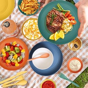 Wrova Wheat straw plates and bowls sets with cutlery - Unbreakable wheat straw dinnerware sets of 28 - Microwave safe plates,bowls,cups for camping,kitchen,new apartment.Colorful