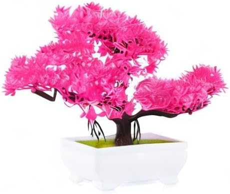 Mini Artificial Bonsai Tree Plants with Plastic Cement Pots for Home Office Décor (Rose Red)