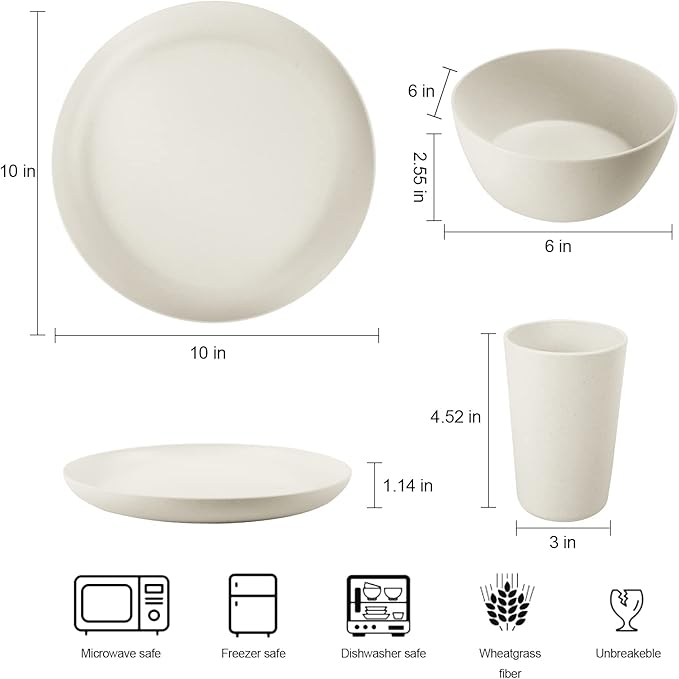 Wheat Straw Dinnerware Sets - 24 pcs Lightweight Bowls Unbreakable Dish Set Dishwasher Microwave Safe Wheat Straw Cups Cutlery Plates and Bowls Set for 4 Suitable for Camping Party Grill（White）