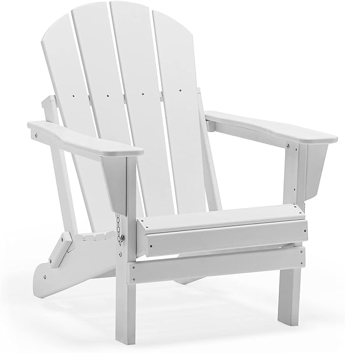 WO Home Furniture Adirondack Chairs Table Set of 3 PCS Outdoor Folding Chairs Side End Table Weather/UV Resistant for Lawn, Garden, Bon Fire, Balcony (White)