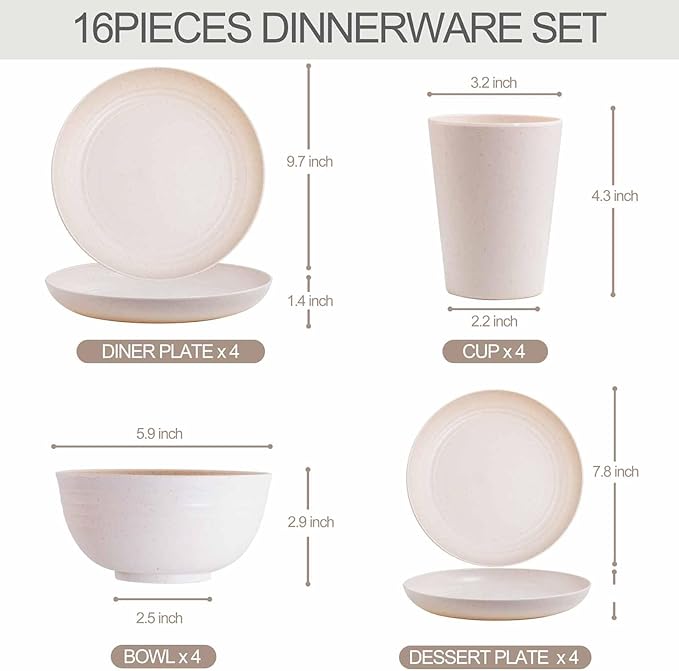 Rubtlamp Wheat Straw Dinnerware Sets, 16PCS Plastic Dinnerware Set for 4, Wheat Straw Plates and Bowls Sets, Unbreakable Dinnerware Plastic Microwave Safe Dishes Set for Kitchen&Camping