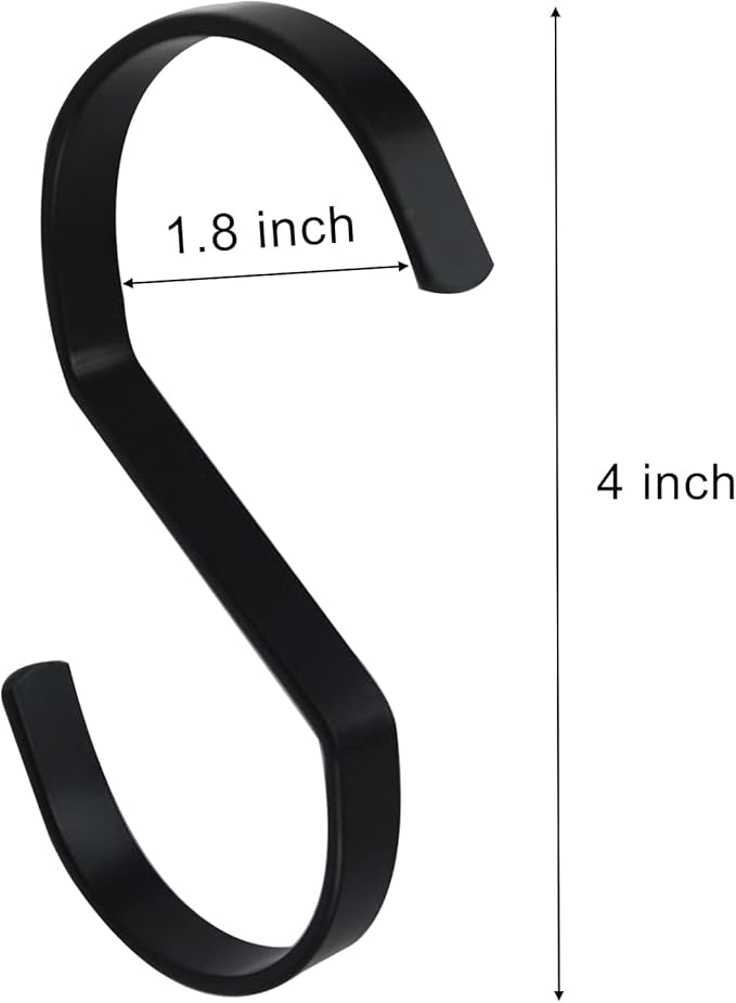 16-Pack 4 Inch Flat S Shape Hooks Heavy-Duty Chrome Finish Hanging S Hooks for Kitchenware, Pots, Utensils, Plants, Towels, Gardening Tools, Clothes (Black)