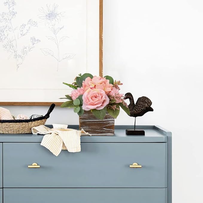 DILATATA Flower Arrangement with Wooden Vase 8" Artificial Flowers in Pot - Fake Flowers Roses Peonies Hydrangeas in Wooden Vase Potted Flower Centerpieces for Table Decor Living Room - Dusty Pink