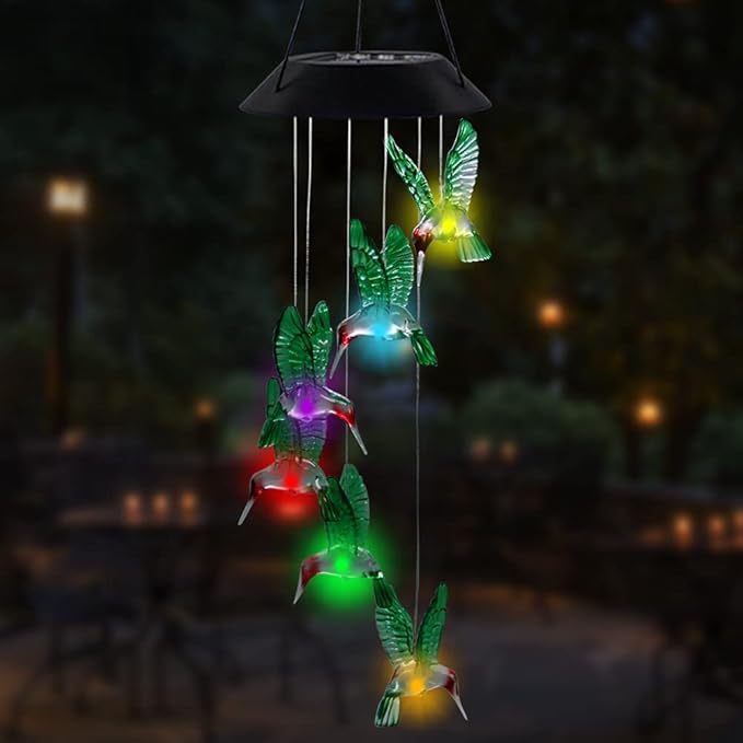 MorTime LED Solar Hummingbird Wind Chime, 25" Mobile Hanging Wind Chime for Home Garden Decoration, Automatic Light Changing Color(Hummingbird)