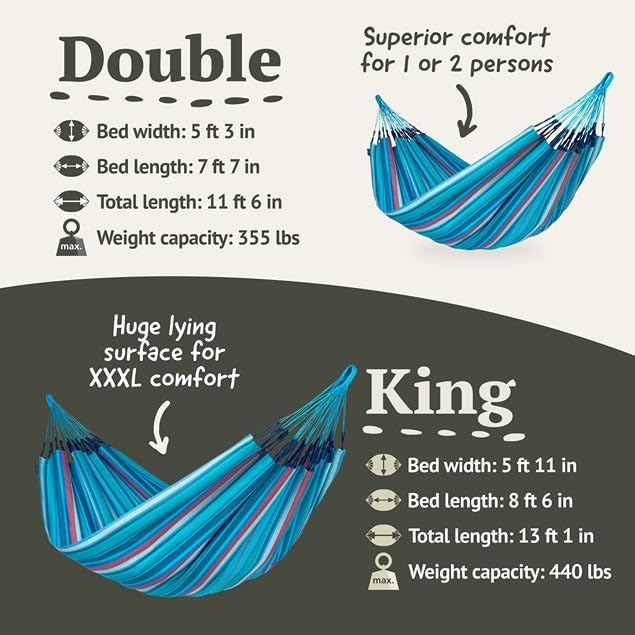 La Siesta® Large Double Brisa Classic Hammock, Outdoor Indoor Hammock Swing - Handmade Weather & Tear Resistant Patio Backyard Bedroom Hammock, Wave