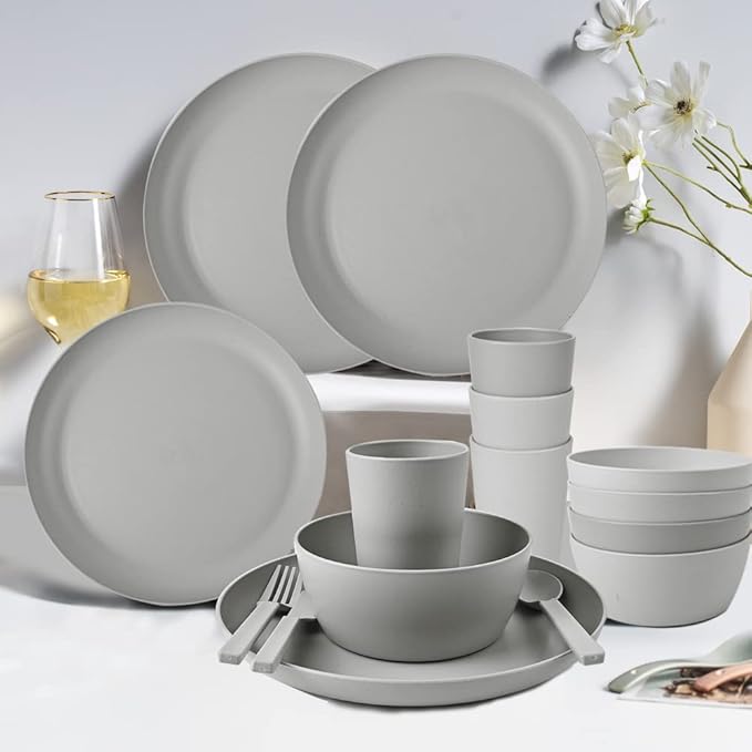 Wheat Straw Dinnerware Sets - 24 pcs Lightweight Bowls Unbreakable Dish Set Dishwasher Microwave Safe Wheat Straw Cups Cutlery Plates and Bowls Set for 4 Suitable for Camping Party Grill（Grey）