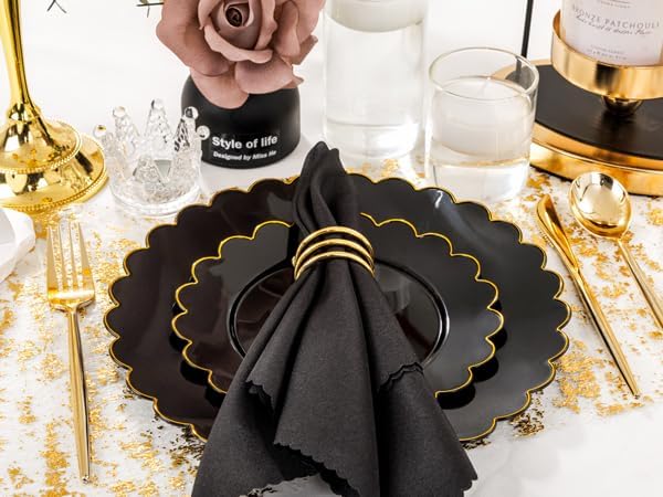 SUT 72 PCS Black Plates,Black Plastic Plates with Gold Rim, Plates Disposable Heavy Duty, 10.25 inch Plastic Dinner Plates, Black Disposable Plates for Party,New Year,Halloween