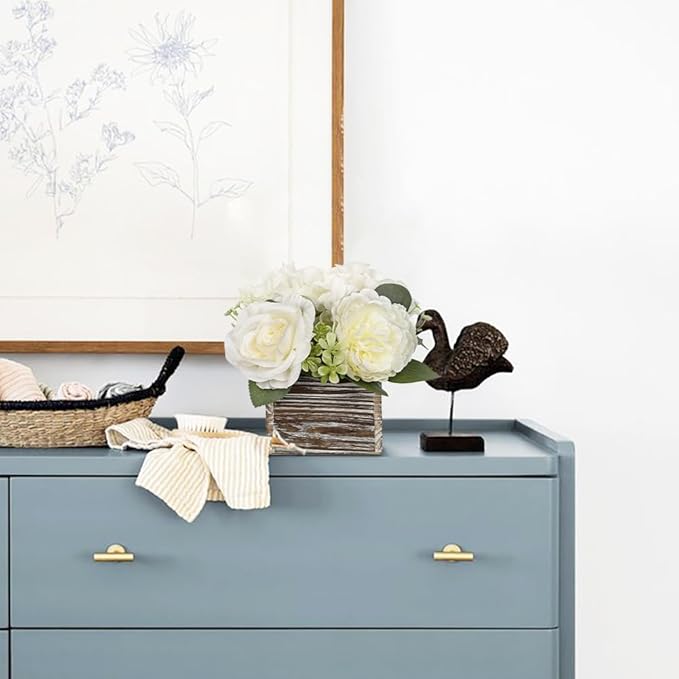 Flower Arrangement with Wooden Vase 8" Artificial Flowers in Pot - Fake Flowers Roses Peonies Hydrangeas in Wooden Vase Potted Artificial Flower Centerpieces for Table Decor Living Room - White