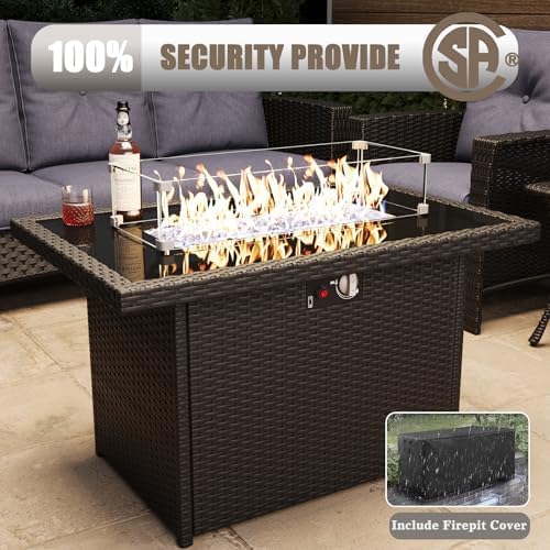 LayinSun 7 Piece Wicker Patio Furniture Set with Fire Pit Table, Classis Outdoor Conversation 360 Degree Swivel Chairs Set with Coffee Table