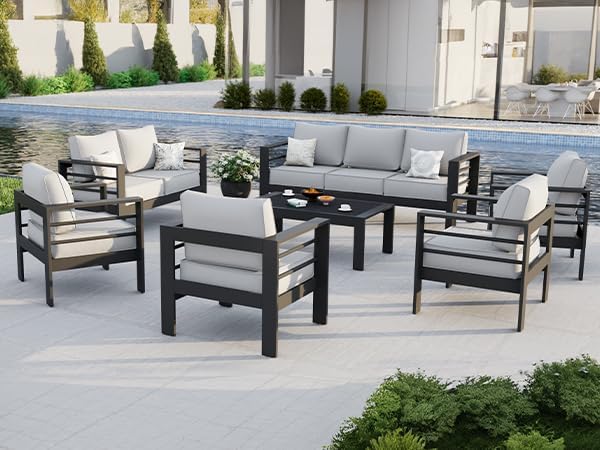 Aluminum Patio Furniture Set, 10 Piece Metal Outdoor Furniture Set, Patio Set with Waterproof Covers for Backyard Garden（Dark Grey&Light Grey）
