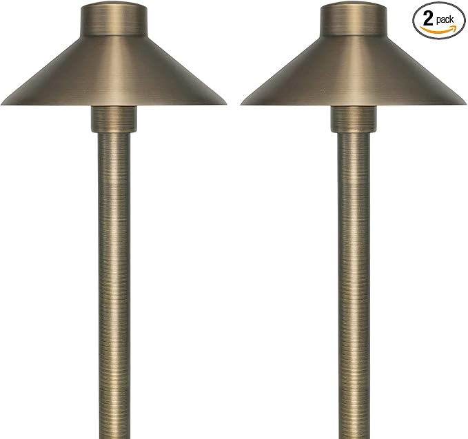 GKOLED Solid Brass Pathway Lights, Low Voltage LED Landscape Path Light, Outdoor Waterproof Accent Lighting, 12V AC/DC, 2700K Warm White, with 3W G4 LED Bulb & Large Rugged Slot Spike, 2 Pack