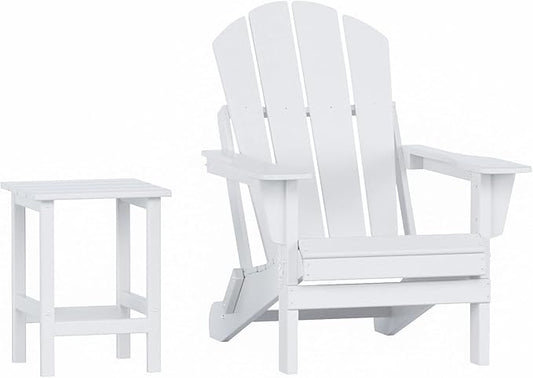 WO Home Furniture Adirondack Chair Table Set of 2 PCS Outdoor Folding Chair w Side Table Weather/UV Resistant for Lawn, Garden, Bon Fire, Balcony (White)