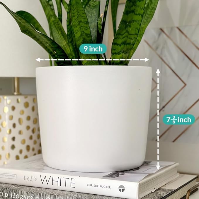 Willowy 9 Inch Matte White Ceramic Planter with Drainage - Ceramic Plant Pots for Indoor, White Indoor Planter, Flower Pot, 9 Inch Plant Pot