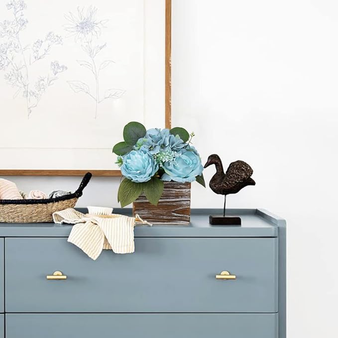 DILATATA Flower Arrangement with Wooden Vase 8" Artificial Flowers in Pot - Fake Flowers Roses Peonies Hydrangeas in Wooden Vase Potted Flower Centerpieces for Table Decor Living Room - Dusty Blue