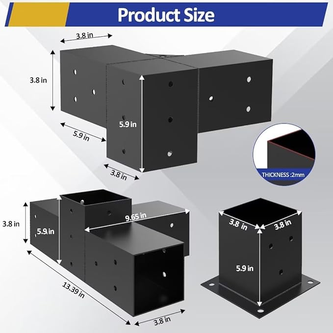 Heavy Alloy Steel Pergola Kit with 3-Way Brackets for 4"x 4" (Actual 3.6" X 3.6") Lumber，DIY Pergola Brackets Suitable for Pergolas，Gardens，and Metal Gazebo Kits - Includes Screws