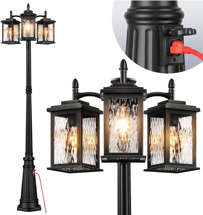 VIANIS Outdoor Lamp Post Light with Outlet, Waterproof Dusk to Dawn Lamp Posts Outdoor Lighting 3-Head, Anti-Rust Black Street Light for Garden, House, Doorway, Weather Resistant