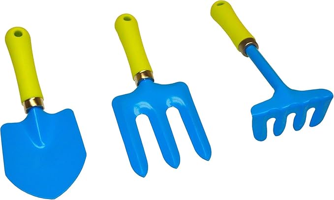 JustForKids 2 Pack Garden Tool Set – Green & Blue Metal Pails with Mini Shovel, Rake & Cultivator, Wooden Handles – Outdoor Gardening Tools for Kids