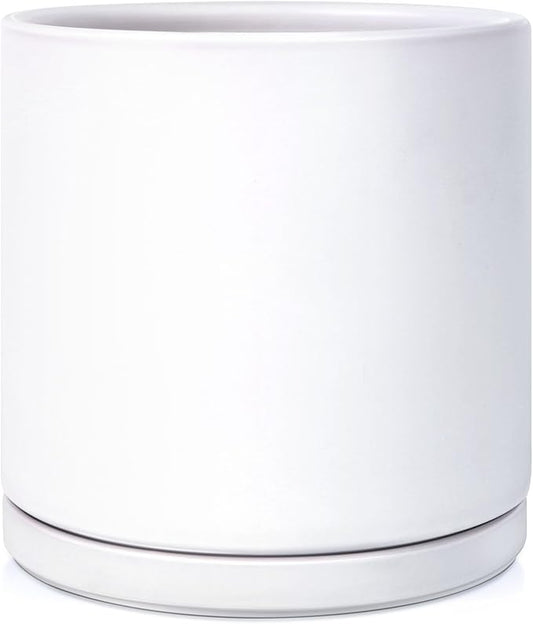 Kazeila Plant Pots Ceramic Planter for Indoor Outdoor Plants Flowers 10 Inch Matte White Large Cylinder Flower Pot with Saucer and Drainage Hole,Glazed Finish Interior and Exterior