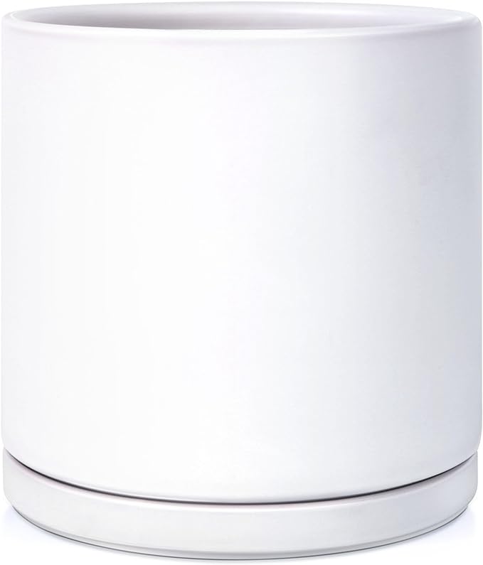 Kazeila 12 Inches Ceramic Planter Pot - Saucer and Drainage Hole - Full Glazed - Matte White