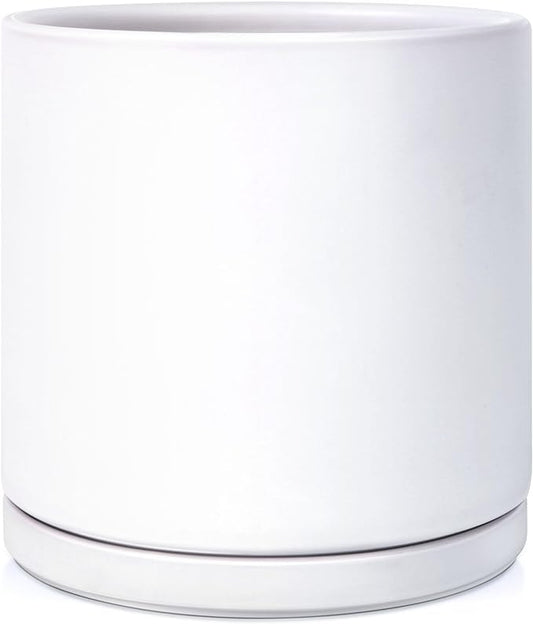 Kazeila 12 Inches Ceramic Planter Pot - Saucer and Drainage Hole - Full Glazed - Matte White