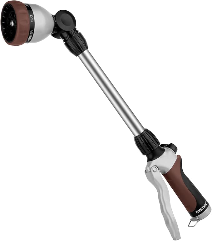 RESTMO Metal Watering Wand, Heavy Duty Garden Hose Wand with 180° Swivel Ratcheting Head, 16'' Hose Nozzle Sprayer with 7 Spray Patterns and Flow Control, for Water Hanging Baskets and Shrubs, Brown