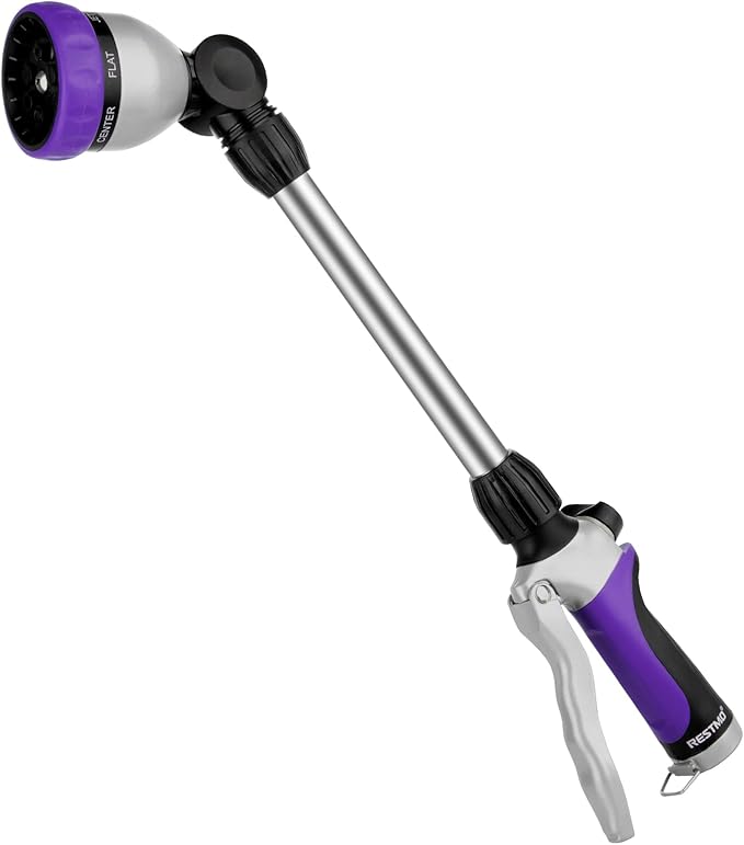 RESTMO Metal Watering Wand, Heavy Duty Garden Hose Wand with 180° Swivel Ratcheting Head, 16'' Hose Nozzle Sprayer with 7 Spray Patterns and Flow Control, for Water Hanging Baskets and Shrubs, Purple