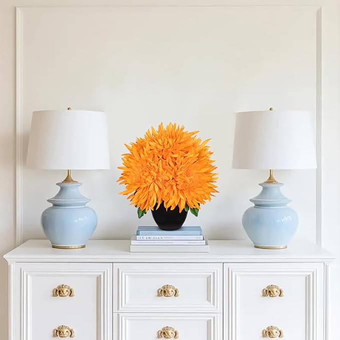 Hollyone Artificial Mums Flowers in Vase Faux Chrysanthemum Silk Flower Potted Plant Fake Plants & Flowers with Pot Floral Arrangements Bouquets Pincushion Spider Mum Flower Home Decor Orange