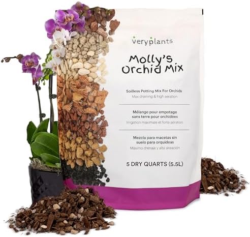 Molly's Orchid Potting Mix - Premium Gritty Soilless Orchid Mix - Chunky High Drainage vs Standard Potting Soil for Indoor Plants - Contains Bark, Coco Chips, Akadama, Pumice, Lava Rock 5 Dry Quarts