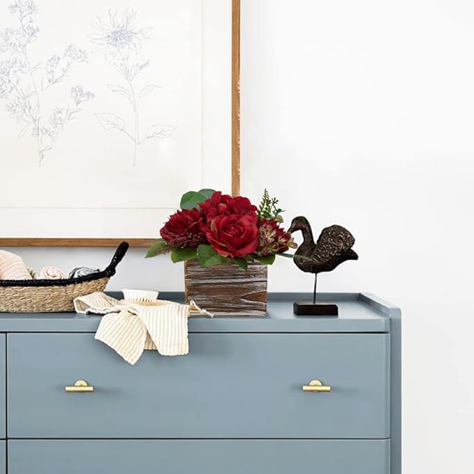 Flower Arrangement with Wooden Vase 8" Artificial Flowers in Pot - Fake Flowers Roses Peonies Hydrangeas in Wooden Vase Potted Artificial Flower Centerpieces for Table Decor Living Room - Red