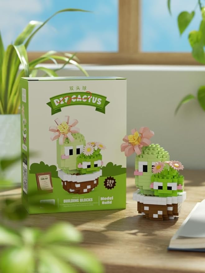 Double Mini Cute Cactus Succulent Plants Bonsai Building Toy Potted Plant Blocks Particle Flower Botanical
