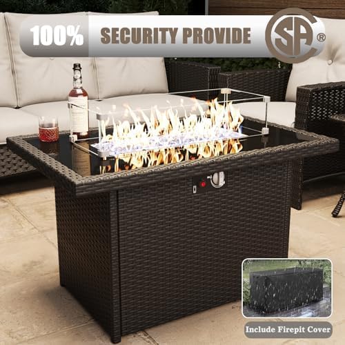 LayinSun 7 Piece Wicker Patio Furniture Set with Fire Pit Table, Classis Outdoor Conversation 360 Degree Swivel Chairs Set with Coffee Table