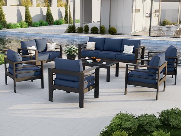 Aluminum Patio Furniture Set, 7 Piece Metal Outdoor Furniture Set, Patio Set with Waterproof Covers for Backyard Garden（Blue&Grey）