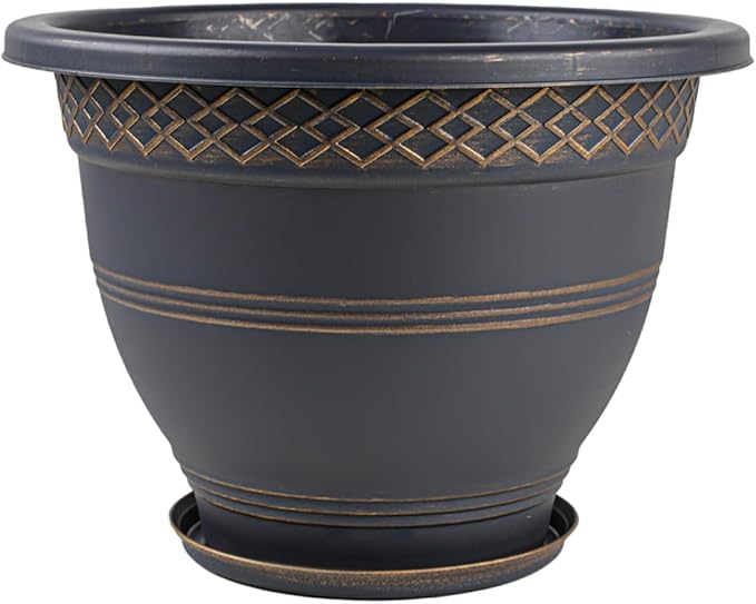 10 Inch 4 Pack Plant Pots, Plastic Flower Pot for Indoor & Outdoor with Drainage Holes & Saucer, Plaid Pattern Planters Garden Pots for Herbs