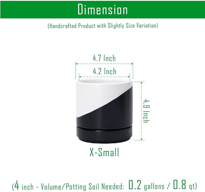D'vine Dev 4.7 Inch Ceramic Planter Pot with Drainage Hole and Saucer, Indoor Cylinder Round Planter Pot, Oblique Monochrome Black and White, 94-O-B-K