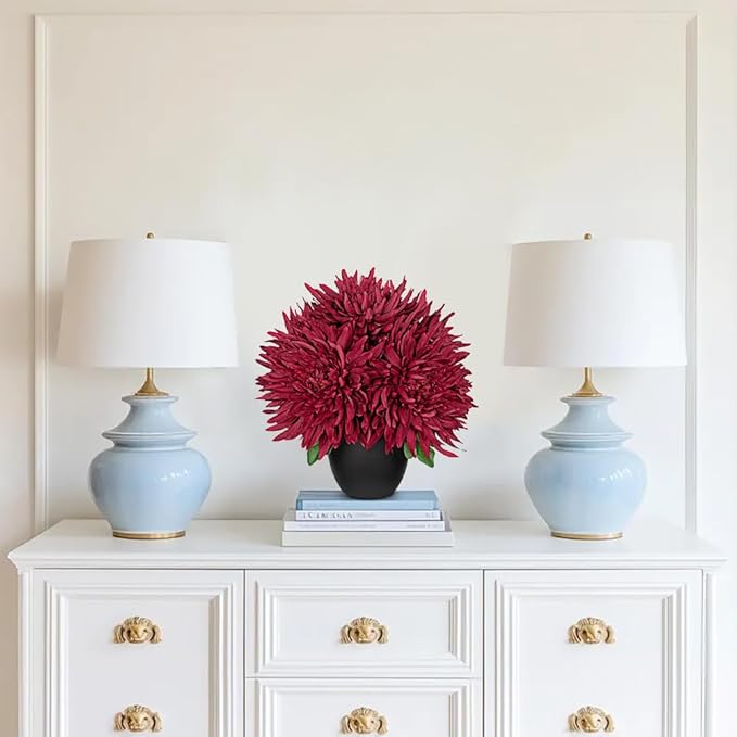 Hollyone Artificial Mums Flowers in Vase Faux Chrysanthemum Silk Flower Potted Plant Fake Plants & Flowers with Pot Floral Arrangements Bouquets Pincushion Spider Mum Flower Home Decor Red