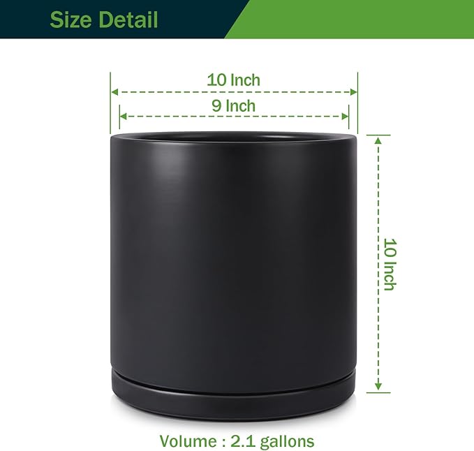 Kazeila Plant Pots Ceramic Planter for Indoor Outdoor Plants Flowers 10 Inch Matte Black Large Cylinder Flower Pot with Saucer and Drainage Hole,Glazed Finish Interior and Exterior