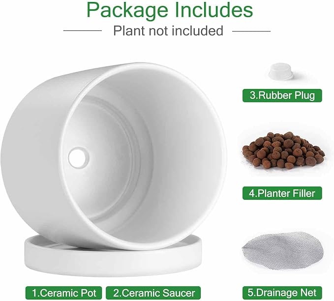 Aveyas 10 inch Ceramic Plant Pot with Drainage Hole and Saucer - Suitable for Indoor and Outdoor Use, Modern Planters for House Garden Flower Tree Snake Monstera Plants (10", Matte White)