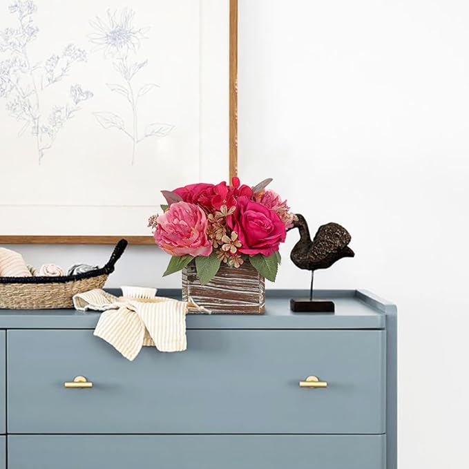 Flower Arrangement with Wooden Vase 8" Artificial Flowers in Pot - Fake Flowers Roses Peonies Hydrangeas in Wooden Vase Potted Artificial Flower Centerpieces for Table Decor Living Room - Hot Pink