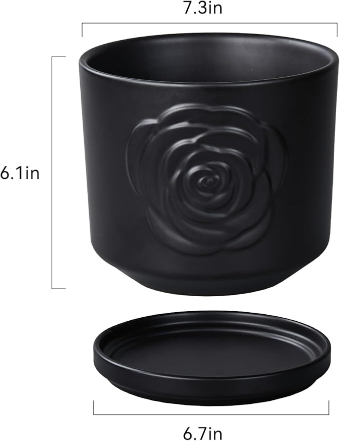 Ekirlin 7 Inch Plant Pots, Ceramic Rose Flower Planters Indoor, Modern Succulents Containers with Drain Hole Saucer, Weatherproof Pot for Home Decorate, Outdoor & Garden (Black)