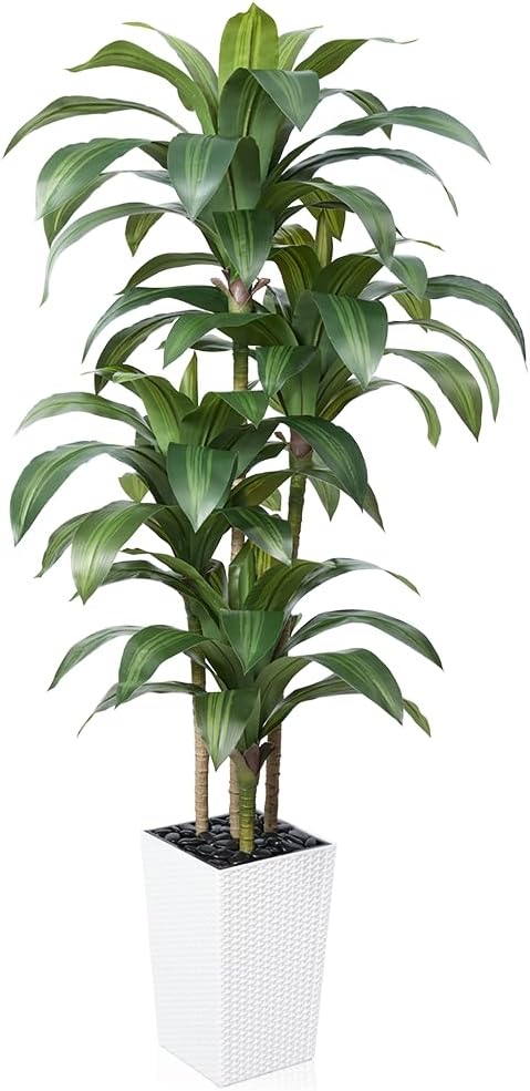 6FT Artificial Dracaena Tree - UV Resistant Faux Tropical Plant, Potted Fake Tree with Taper Planter & Pebbles - Indoor Outdoor Greenery for Home, Porch, Living Room, Bedroom Decor, VN127
