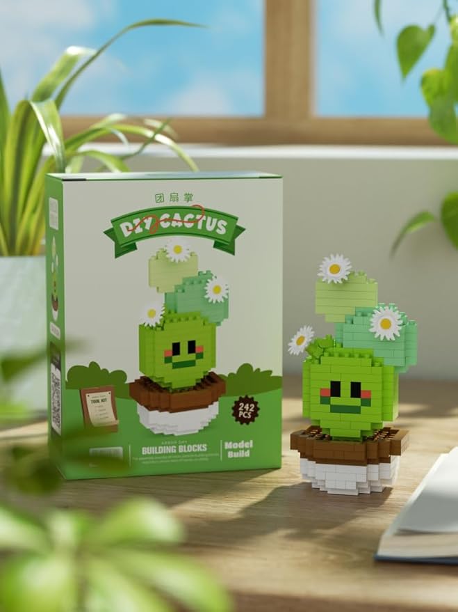 Round Fan Mini Cute Cactus Succulent Plants Bonsai Building Toy Potted Plant Blocks Particle Flower Botanical