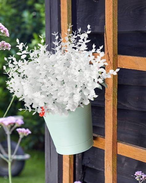 Artificial Fake Outdoor Plants Flowers for Spring Decoration, Faux Plastic Plants Outdoor Flowers UV Resistant Realistic for Home Outside Planter Window Porch Patio Garden(Pure White Eucalyptus)